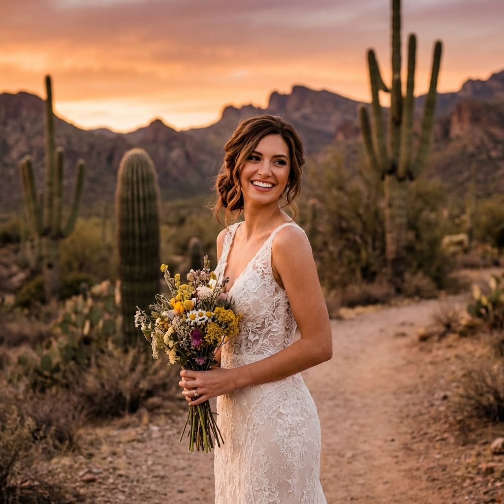 Beautiful Brunette Bride Holding Flowers Posing for a Photo with a Sonoran Desert Background