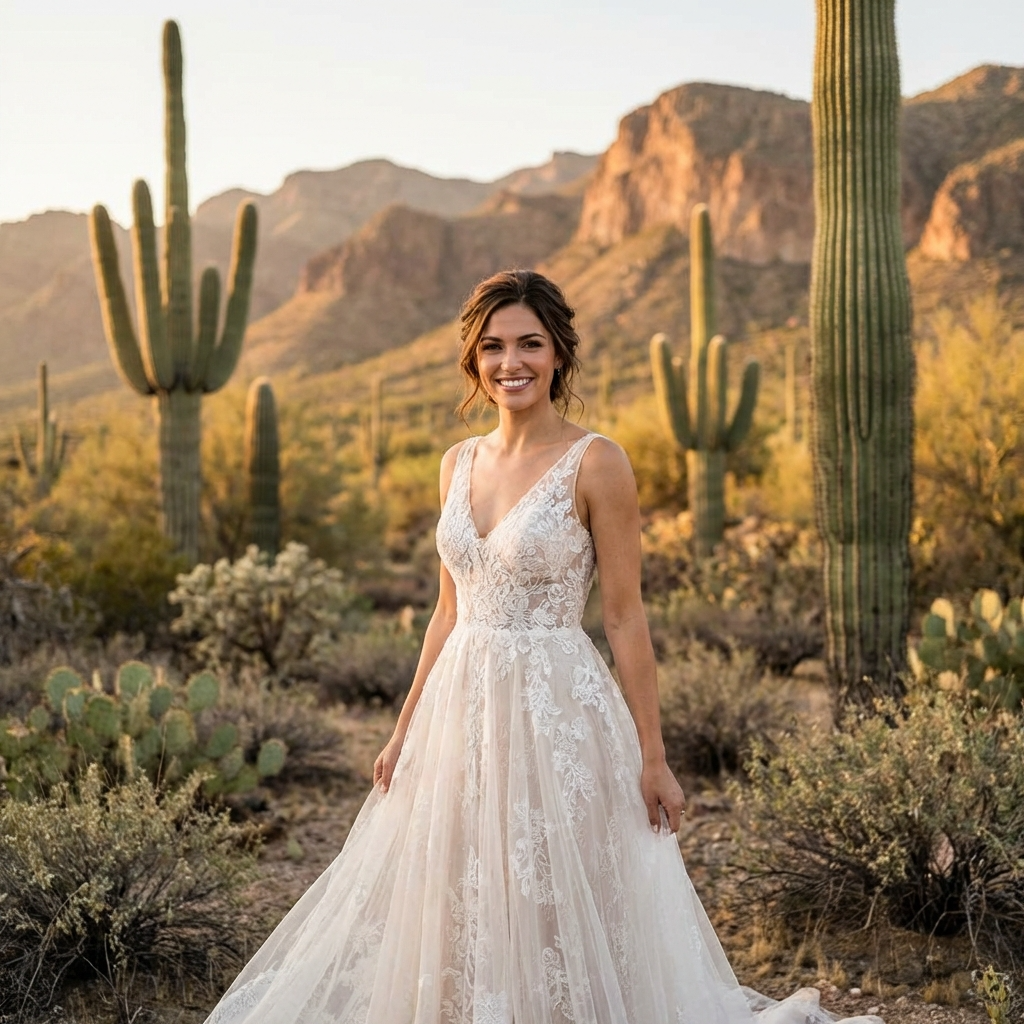 A beautiful Brunette Bride Posing in the Sonoran Dessert near Tucson.