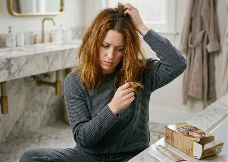A concerned woman in need of a hair color correction after a botched box dye.