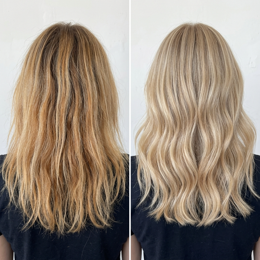 Before and after orange-to-blonde transformation